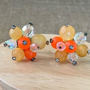 VTG 50's Vendome Art Glass Cluster Bead Earrings Clip On Amber Aurora Borealis